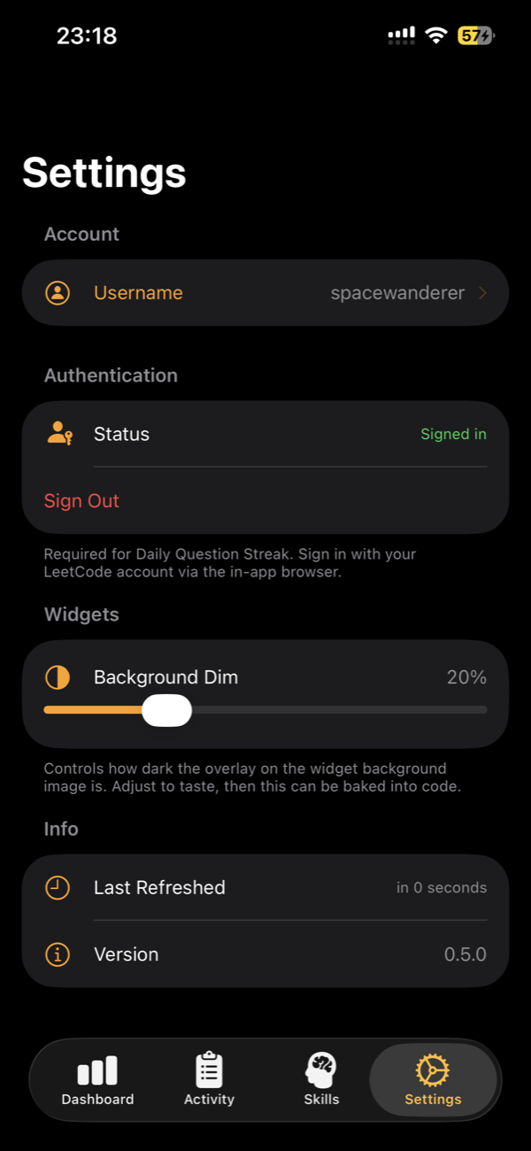 LeetCodeLytics Settings — account, widgets and info